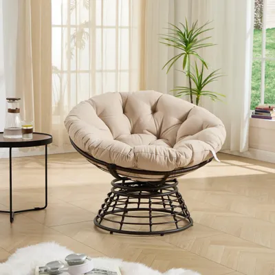 Productafbeelding van Papasan-stoel, 360° draaibaar, riet, dik kussen, geschikt voor binnen en buiten, leestoel
