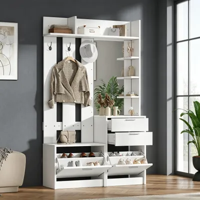 Imagen del producto de Armario con espejo y zapatero, 110x34x185 cm, blanco, MDF, con 2 cajones y 3 ganchos, ideal para pasillos y dormitorios