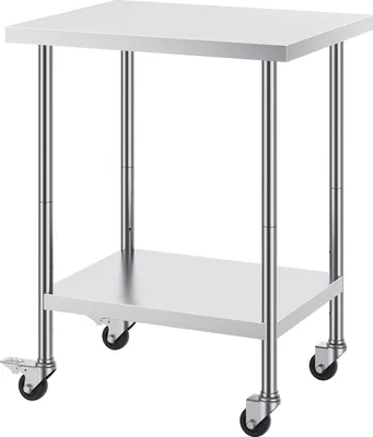 Obrázok produktu pre SucceBuy pracovný stôl z nehrdzavejúcej ocele, 61 x 76 x 96,5 cm, 4 kolieska, 3 nastaviteľné výšky, robustný stôl na prípravu jedál pre komerčné kuchyne, reštaurácie, strieborná farba