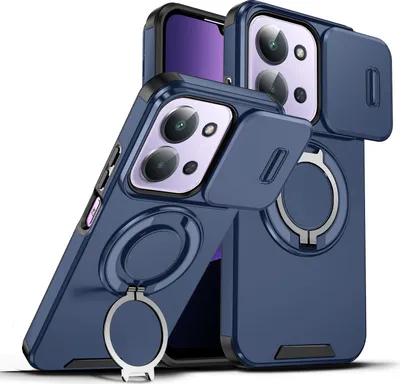 Immagine prodotto di Custodia a doppio strato per Xiaomi Redmi 15C 4G, con copertura scorrevole della fotocamera e supporto magnetico ad anello Blu