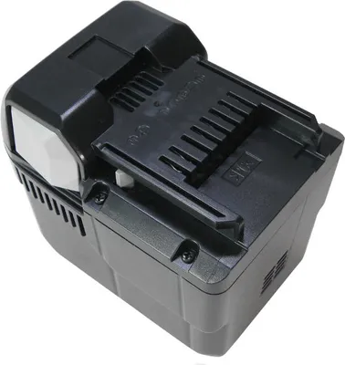 A black rechargeable battery pack for a power tool, shown from a slightly elevated side angle against a white background.