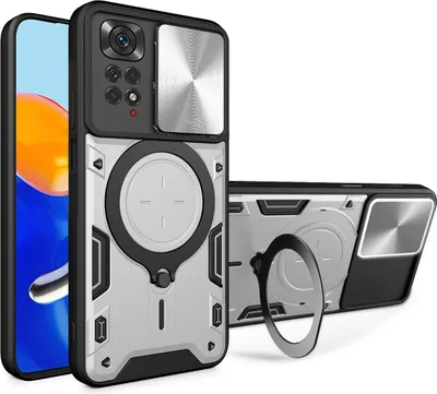 Produktbild von Handyhülle für Xiaomi Redmi Note 11 4G /Note 11s Dual-Layer Stoßfest Rüstung Hülle mit Dia Kameraschutz und Kreisförmig Ring Ständer Silber