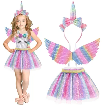 Productafbeelding van Eenhoorn kostuum set voor meisjes, 3-delig: regenboog tutu rok, meisjeskostuum, tule rok, eenhoorn hoofdband, vleugels, geschikt voor cosplay, meerkleurig
