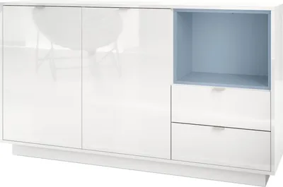 Produktbild von Vladon Sideboard Kommode Metro,  Germany, Korpus in Weiß Hochglanz / Fronten in Weiß Hochglanz mit Einsatz in Denim matt