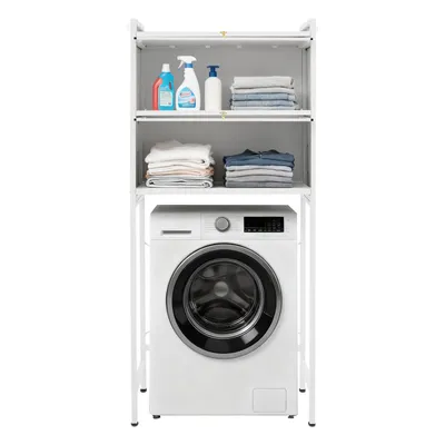 Image de Étagère métallique pour machine à laver avec armoire 6 crochets 70*25*167cm Étagère sur pied blanche