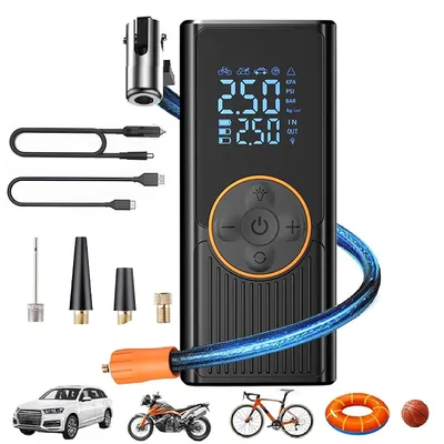 Produktbild von Kabellose Luftpumpe 8000mAh, Tragbarer 150 PSI Akku-Kompressor mit LED & Display, Inkl. 4 Düsen für Fahrrad & Reifen