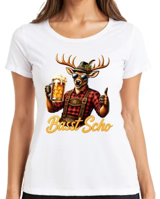 Productafbeelding van Basst, Scho Hirsch, lederhosen, bier, Wiesn, traditionele kleding, dirndl, , dames T-shirt, wit, maat M