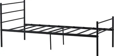 A black metal bed frame with a headboard and slats, shown from a side angle against a white background.