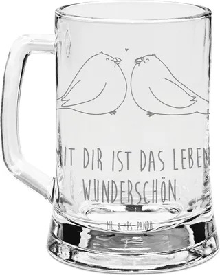 Produktbild von Mr. & Mrs. Panda Krug Turteltauben Liebe - Transparent - Geschenk, Hochzeitstag, Gravur Bierkrug, Seidel, Humpen, Glas, Tauben, Verheiratet, Freund, Mit, Paar