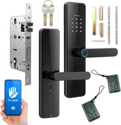 A smart lock system with its components laid out on a white background.