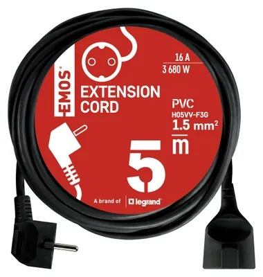 Verlängerungskabel 5 m / 1 Steckdose / schwarz / PVC / 1,5 mm2