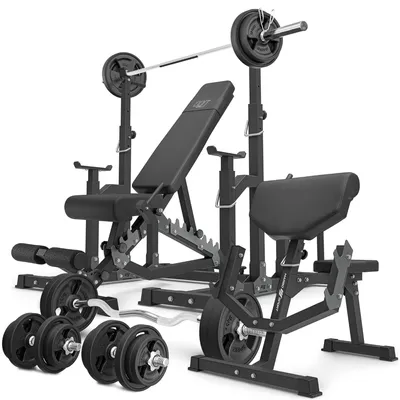 Produktbild von Marbo Sport - Set MS5_2.0_113KG_G | Doppelseitige Bank + verstellbare Ständer + Scott Bank - mit höhenverstellbaren Armpolster + Stangen- und Hantelscheiben gummiert Set 113 kg