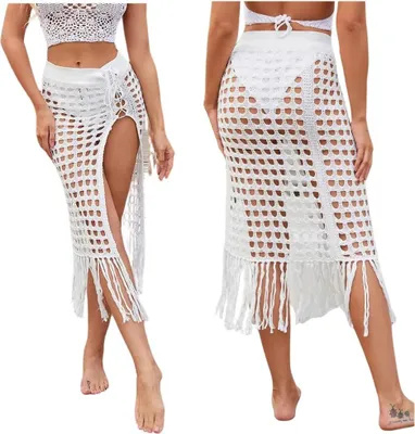 Zdjęcie produktu dla Biała ażurowa midi spódnica plażowa boho plaża lato stylowa frędzle prosta M