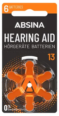 Produktbild von ABSINA Hörgerätebatterien 13 - 6 Hörgeräte Batterien 13 Orange - Batterie für Hörgerät Zink Luft - PR48 ZL2 P13