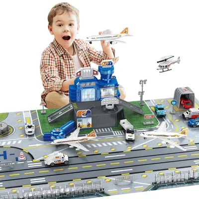 Productafbeelding van Speelgoed vliegveld - Speelgoedset met controletoren - 9 voertuigen - Speelmat 55 x 81 cm