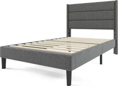 Image de Lit rembourré - 140 x 200 cm - Revêtement en velours - Structure en bois - Avec tête de lit et sommier à lattes - Design moderne - Gris foncé