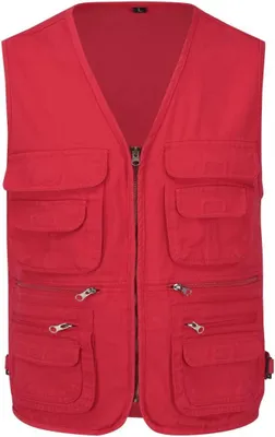 Produktbild von Eine rote Weste aus Baumwolle mit vielen Taschen, mit Reißverschluss und verstellbarem Bund