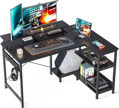 Obrázek produktu pro Černý kancelářský stůl ve tvaru L s odkládací plochou pro malé prostory a držákem na monitor, 120 x 80 cm