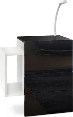 Produktbild von Vladon Nachttisch Queens,  Germany, Nachttischschrank mit 2 Schubladen und 1 seitlichem Fach zur Wandmontage, Weiß matt/Schwarz Hochglanz, inkl. LED Flexi Lampe weiß (60 x 63 x 36 cm)