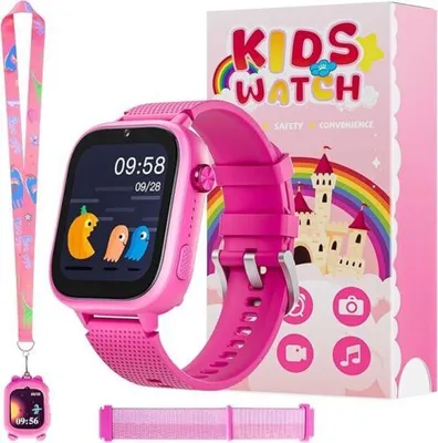 A pink smartwatch for children is displayed with its packaging and accessories.