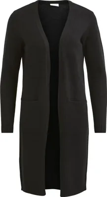 A black, long cardigan with two pockets is shown laid flat against a white background.