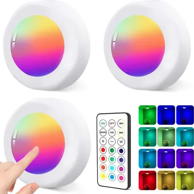 A collage of LED lights, a remote control, and sample lighting effects.