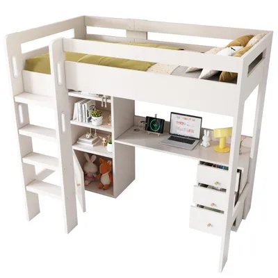 Produktbild von Kinderbett Hochbett mit USB-C Schreibtisch, Kleiderschrank und Aktenschrank, Jugendbett Einzelbett mit Treppe und Lattenrost, Stauraum