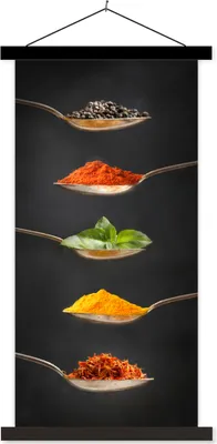 Produktbild von MuchoWow® Textilposter Kräuter - Löffel - Gewürze - Schwarz - Italienisch 40x80 cm mit schwarzem Rahmen - Wandemalerei