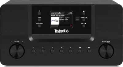 A black TechniSat DIGITRADIO 570 CD IR stereoradio with a screen displaying radio information.