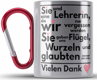 Produktbild von Trendation - Abschiedsgeschenk Lehrerin Edelstahl Tasse Karabiner Geschenk zum Abschied Klassenlehrerin Beste Lehrerin Geschenkidee Danke (Rot)
