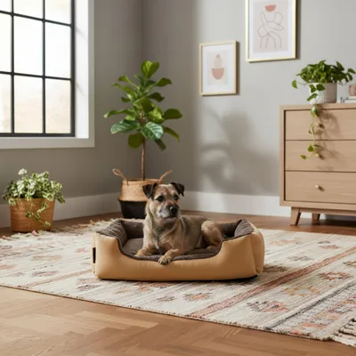 Produktbild von belviona Hundebett mit kuscheligem Wendekissen, pflegeleicht & rutschfest, gemütlicher Schlafplatz, 60x48 cm, beige/braun
