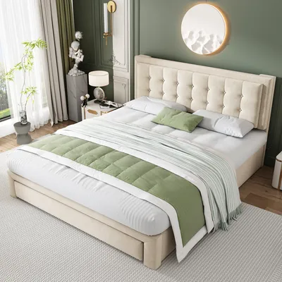 A bedroom scene featuring a bed with bedding, a nightstand, and decorative elements.