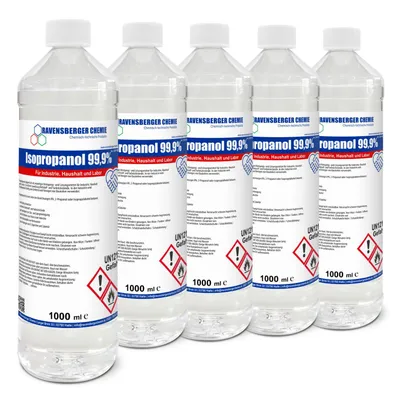 Produktbild von Ravensberger Chemie Isopropanol 99,9 % – hochreiner Alkohol zum Reinigen & Entfetten, rückstandsfrei, für Technik, Werkstatt & Industrie - 5x 1 Liter