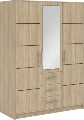 Produktbild von Furniture24 Kleiderschrank Bali D3 Schlafzimmer 3 Türiger Drehtürenschrank 3 Schubkästen Schrank 1 Kleiderstange 5 Einlegeboden Spiegel Sonoma Eiche