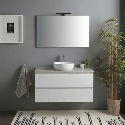 Immagine prodotto di Mobile bagno sospeso 100cm bianco lucido top beton moderno e specchio | Benaco