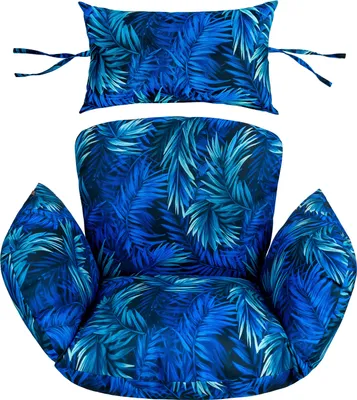 A blue and teal patterned cushion set for a hanging chair.
