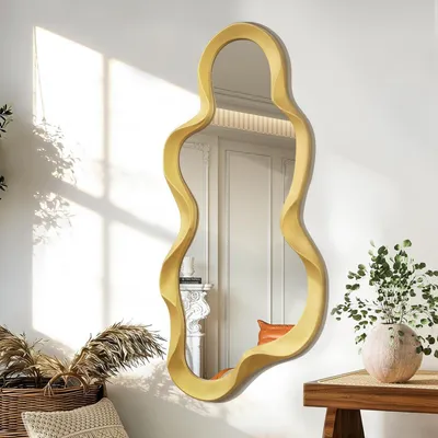 Image de Miroir mural en forme de nuage, asymétrique, avec cadre en bois gris et doré, dimensions 76x36 cm