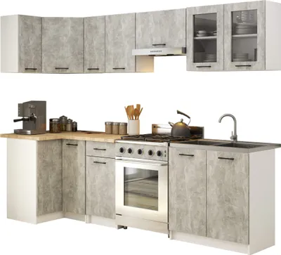 Produktbild von Eckküchenzeile OLIWIA 300cm mit Vitrine Beton Optik Matt Küche 9 Einheiten