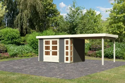 Produktbild von Karibu Gartenhaus Gerätehaus Kerko 5 im Set mit Anbaudach 2,80 m Breite terragrau 557x246x210 cm