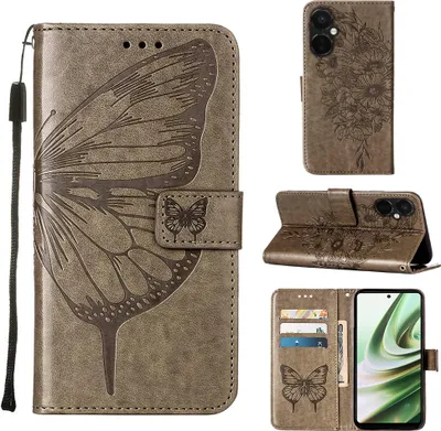 Produktbild von Lederhülle für OnePlus Nord CE3 Schmetterling Prägung Flip Ledertasche Kartenfächer Handyhülle mit Ständer Grau