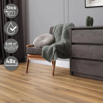 Produktbild von ML-Design PVC Bodenbelag Vinylboden selbstklebend Klebefliesen Boden Bodenfliesen Klebevinyl, 91,5x15,3cm x 2mm 6,69m²/48 Dielen Eiche Rustikal