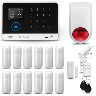 Image de Système d'alarme HUXGO HXA003 pour la maison, avec connexion WiFi et GSM 4G, incluant une sirène sans fil. Ce système d'alarme est équipé de 12 détecteurs de mouvement et d'un détecteur de porte/fenêtre, et est conçu pour les appartements, les garages, compatible Tuya