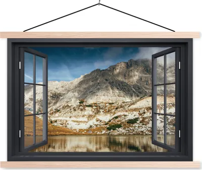 Produktbild von MuchoWow® Textilposter Aussicht - See - Berg 120x80 cm mit holzfarbenen Rahmen - Aufhängeset