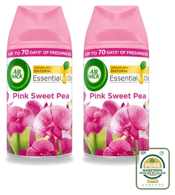 Imagen del producto de 2 unidades de recambio para ambientador automático Air Wick Freshmatic Max, aroma Pink Sweet Pea, 250 ml, pack ahorro