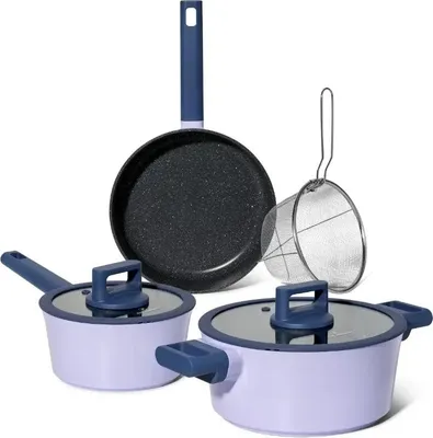 Obrázek produktu pro Sada nádobí Just Perfecto JL-330, 6 kusů, mramorový povrch, indukce, skleněné víko s parním otvorem, fialová/modrá
