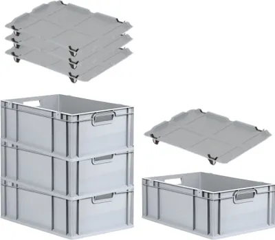 Produktbild von SuperSparSet 4x Eurobox NextGen Grip mit Auflagedeckel inkl. 4 schwarzen Schiebeschnappverschlüssen | HxBxT 22x40x60cm | 44 Liter | Grau | Griffe offen | Verstärkter Boden | Eurobehälter, Transportbox, Transportbehälter, Stapelbehälter