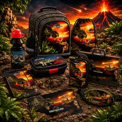 Produktbild von 9in1 Dinosaurier SCHULRUCKSACK SCHULRANZEN Set Ranzen Federmäppchen Turnbeutel fur jungen T-REX DINO Tyrannosaurus, KI-generiertes Bild