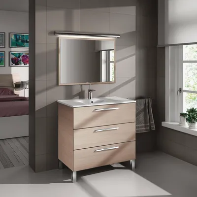 Immagine prodotto di Dmora Mobile Sottolavabo Elleboro 86x80x45h cm Marrone Rovere, Specchio Incluso Apertura Soft Close