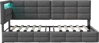 Produktbild von UnboxG Jugendbett Polsterbett 90x200cm mit Schublade und Led, Kinderbett mit USB, Klassisches Bett Holzbett mit Lattenrost, Holzbett für Damen Kinder Jugend, Leinen, Grau