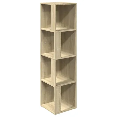 A tall, narrow, light brown wooden corner shelf unit with four cubbies.